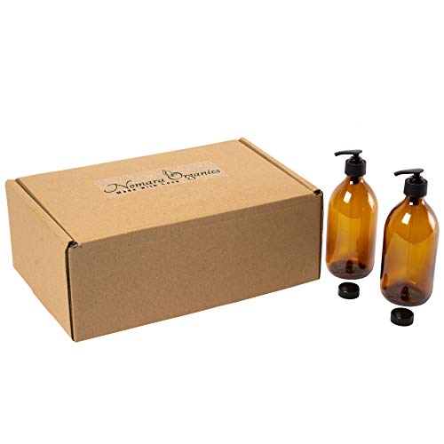 Nomara Organics Juego de Dispensador de Loción yJabón, 2 Botellas de Cristal de 300 ml. con Pajita en una Caja, Bombas y Tapas con Cierre. Reutilizable para Regalo/Viaje/contenedor/Lavado/baño