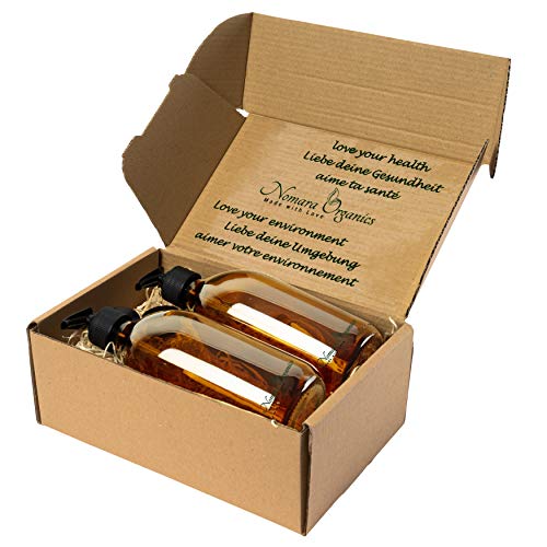 Nomara Organics Juego de Dispensador de Loción yJabón, 2 Botellas de Cristal de 300 ml. con Pajita en una Caja, Bombas y Tapas con Cierre. Reutilizable para Regalo/Viaje/contenedor/Lavado/baño