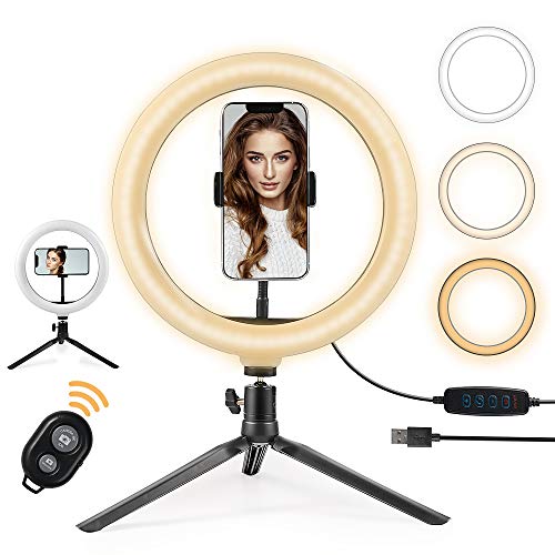 OneAmg Anillo de Luz LED Fotografia de Escritorio, 10" Aro de Luz 3 Colores 10 Brillos Regulables Control Remoto Bluetooth, Trípode con Soporte Giratorio de teléfono para Maquillaje, Fotografia etc.