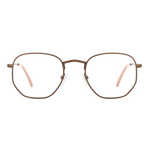 OQ CLUB Gafas Rectangular Pequeño Bloqueo Luz Azul Optical Eyewear para Mujer Lente hexagonal(Bronceador/Rosado)