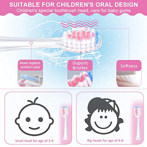 OTraki Cepillo Electrico Dientes Infantil Temporización Inteligente Sonico Cepillo Dientes Bebe con LED Luz, Limpieza Dental Niños Impermeable con 2 Cabezas Extra Suaves para Edad 3+ (Rosa)