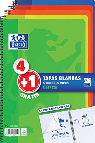 Pack 4+1 Cuadernos Folio(A4) Oxford, 400027271, Tapa Blanda, 80 Hojas cuadrícula 4x4, Surtido aleatorio vivos