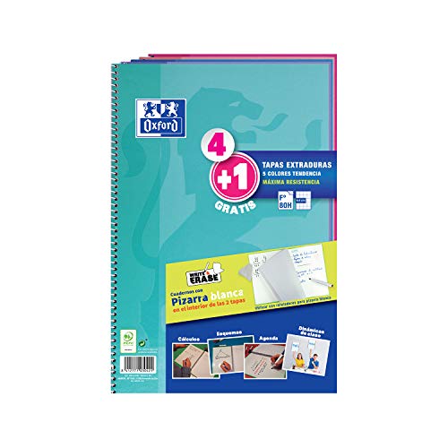 Pack 4+1 Cuadernos Folio(A4) Oxford. Tapa Extradura Write&Erase. 80 Hojas cuadrícula 4x4. Surtido tendencia