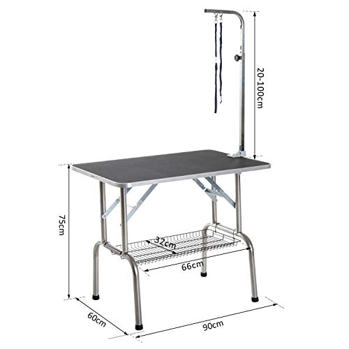Pawhut, Mesa de Peluquería para Mascotas Acero Aluminio Placa Antiarañazos Caucho 90x60x75 cm