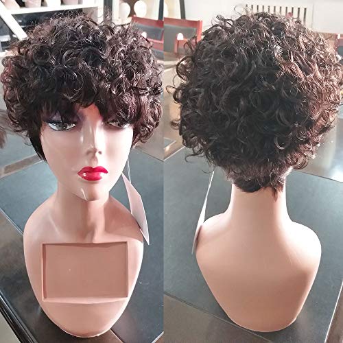 Pelucas Cortas y Rizadas para Mujeres Negras, 100% Pelo Humano Brasileño, Pelucas Afro Americanas, Peluca Rizada Afro, Con Flequillo Plano, Parte Libre, No Necesita Pegamento, Negro Natural