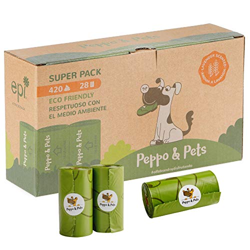 Peppo and Pets- 420 Bolsas biodegradables para excrementos de Perro -(28 Rollos) - Muy Resistentes - Olor a Lavanda- Opacas- A Prueba de Fugas