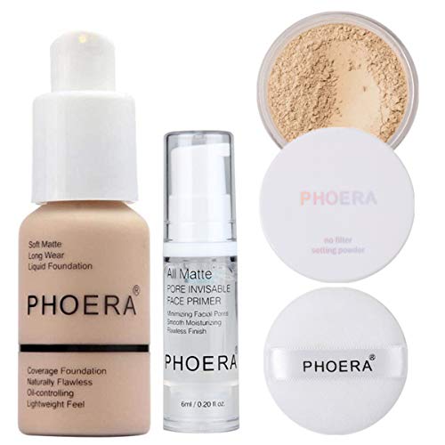 PHOERA 30ml Bases de maquillaje Correctores Líquido Concealer (Nude #102) con 6ml Makeup Face Primer & Loose Powder (Cool Beige #02)