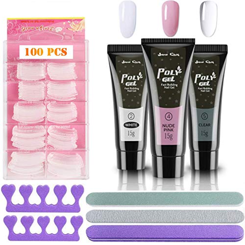 Polygel nail kit, 3PCS Nails Extension Builder Gel Glue + 100PCS Acrylic Nail Tips + 3PCS Nail Files + 2PCS Sponge Finger Separator, Apto para principiantes