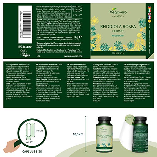 Rhodiola Rosea PREMIUM Vegavero® | Alta Calidad Sin Aditivos RHODIOLIFE® con 3% Rosavines + 1% Salidroside | Concentración + Estrés y Ansiedad | 200 mg de Extracto | 120 Cápsulas