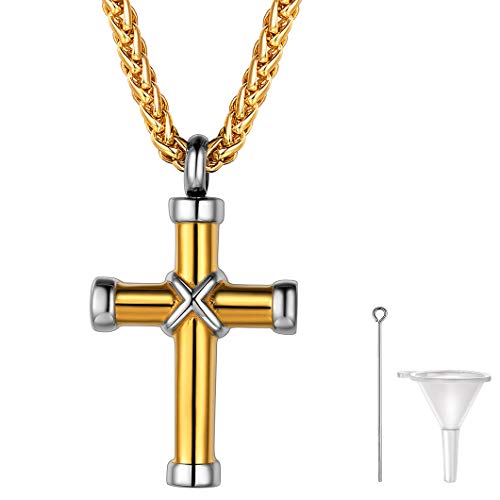 Richsteel Personalizable Guardapelo Cruz Colgante Collar Dorado Relicario Perfume Urna Cremación Recuerdo Amor Querido, Dije Oro Chapado, Gratis Caja de Regalo