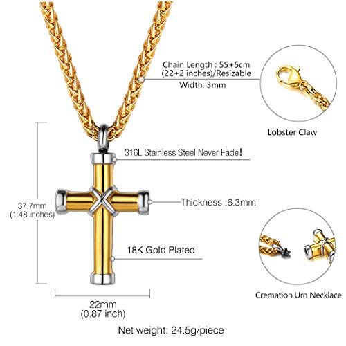 Richsteel Personalizable Guardapelo Cruz Colgante Collar Dorado Relicario Perfume Urna Cremación Recuerdo Amor Querido, Dije Oro Chapado, Gratis Caja de Regalo