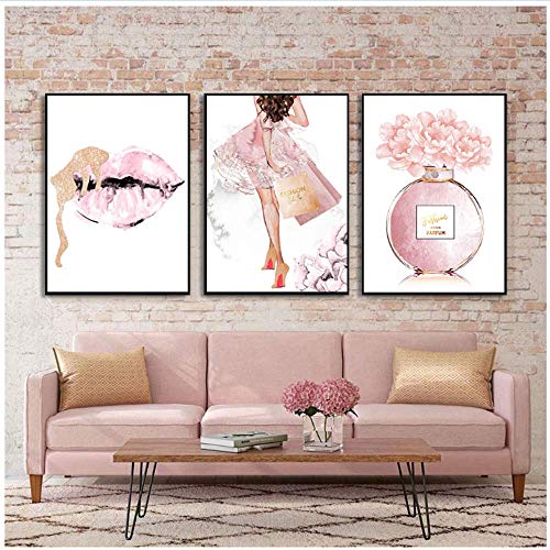 RuiChuangKeJi Impresiones para Paredes 3x40x60cm sin Marco Moda Mujer Cartel Botella de Perfume Pintura Peonía Flor Arte Labios Sexy Tacones Altos Imágenes Decoración para el hogar