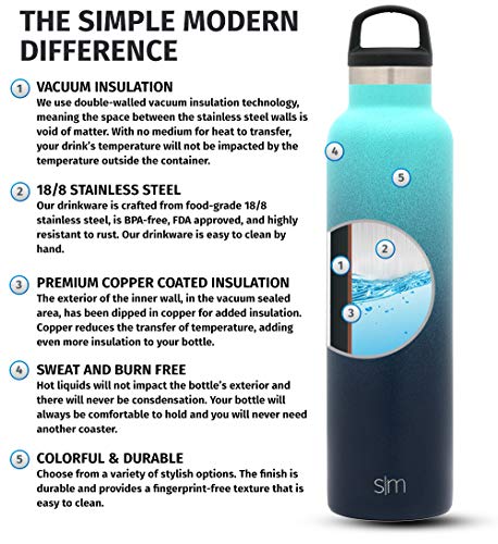 Simple Modern Ascent 590mL Botella de Agua de Acero Inoxidable con Tapa de Asa, Botella Termica con Boca Estrecha, Aislada al Vacío, Doble Pared, Termo sin BPA para Deporte o Viaje, Prueba de Fugas