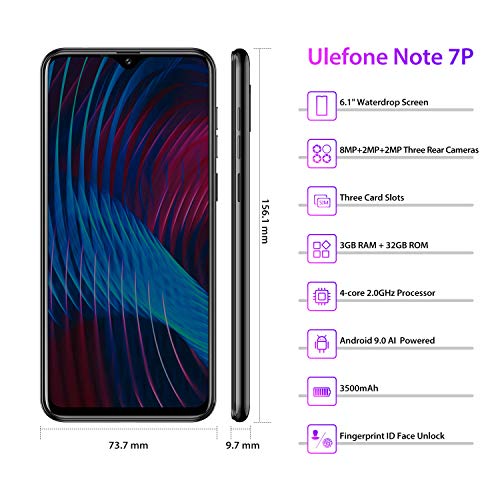 Smartphone Libre 4G Ulefone Note 7P, Waterdrop 6.1 Teléfono Móvil, 3+ 32 Go Quad-Core Android 9.0, Moviles Libres 2019 Cámara Trasera Triple y Ranura Triple, Face ID et Fingerprint 3500mAh OTG (Negro)