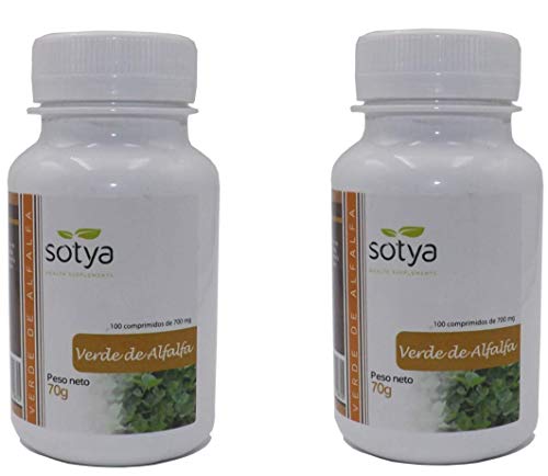 Sotya Verde De Alfalfa 200 comprimidos (pack de 100 + 100) 700 mg, aporta nutrientes, rica en sales minerales, aminoácidos ácidos grasos insaturados, clorofila, fibra y vitaminas al organismo.