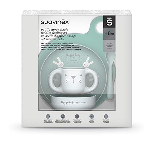 Suavinex Set vajilla aprendizaje Booo (Taza, Plato, Bol, Cuchara y Mantel), +6 meses, Verde