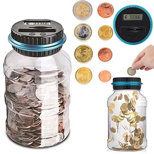 Sunsbell Hucha Contador, Caja de Ahorro de Monedas Euro Dinero Moneda Caja de conteo de Gran Capacidad para Pantalla LCD Caja de Monedas Banco de Ahorro Contenedor para niños (1.5L)