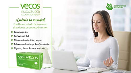 Suplemento alimenticio Ansiovecos con L-Triptofano – Contribuye a regular estrés, ansiedad y sueño – Contiene vitaminas B1, B6 y C, ácido fólico, magnesio y extractos de grifonia y rodiola