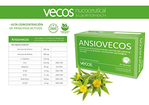 Suplemento alimenticio Ansiovecos con L-Triptofano – Contribuye a regular estrés, ansiedad y sueño – Contiene vitaminas B1, B6 y C, ácido fólico, magnesio y extractos de grifonia y rodiola