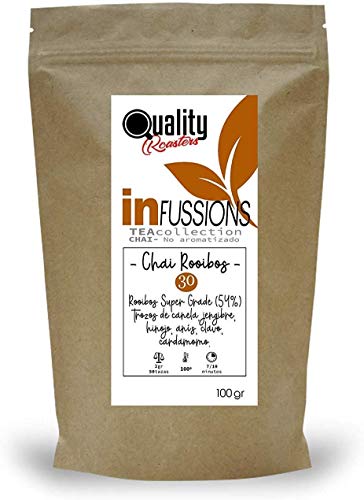 Té Chai. Chai Rooibos. Blend. Con Rooibos Super Grade (54%), anís, clavo, cardamomo, hinojo, trozos de canela y jengibre. No aromatizado. Antioxidante. Diurético. 100 gramos