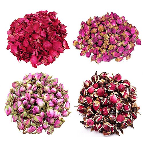 TooGet La Variedad de Pétalos y Capullos de Rose 4 Bolsas Incluye Pétalos de Rosa, Capullos de Rosa, Rosa Damascena, Rosa de Borde Dorado, Flor de té Verde a Granel, Tipo de Manualidades