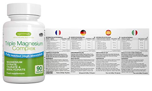 Triple Magnesium Complex – Complejo Premium de Magnesio Quelado, con Citrato, Bisglicinato y Taurato, Vegano, 90 Cápsulas