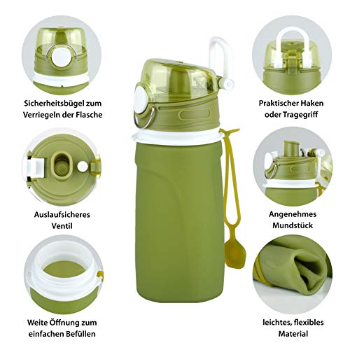 TROIKA - Botella de Silicona Plegable - Capacidad: 550 ml / 18,6 oz - Enrollable y a Prueba de Fugas - para Deporte. para Uso en Exteriores. Escuela y Camping, sin BPA, Silicona médica, Color Verde