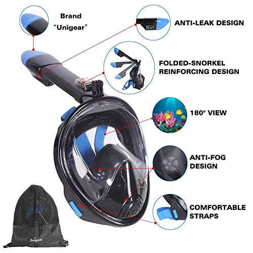 Unigear Máscara De Buceo, 180°Vista Anti-Vaho Anti-Fugas con Soporte para Cámara Deportiva Tubo Respirador Plegable Cara Completa Fácil Respiración Tamaños para Adultos Niños