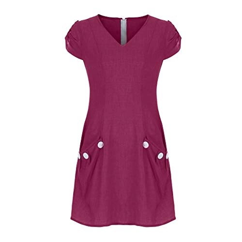 URIBAKY * Mini Vestido De Estilo BáSico para Mujer Color SóLido Vestido Informal De Verano De Manga Corta con Cuello En V Dobladillo Grande Falda Recta para Diario con Bolsillos