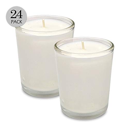 Velas votivas blancas – vasos de cristal transparente, sin perfume, extra largas 24 horas de combustión – para decoración de fiestas, cumpleaños, bodas y centros de mesa – Hyoola