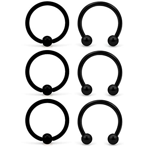 VFUN 6 Piezas 16G 316L Acero Inoxidable Piercing Nariz Anillo Aros Cartilago Septum Labio Helix Tragus Ceja Piercing Oreja Piercing 10mm - Negro