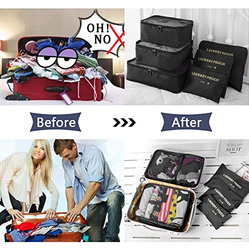 Vicloon Organizador de Equipaje, 6 en 1 Set de Organizadores de Viajes, Impermeable Organizador de Maleta Bolsa Incluir 3 * Cubos del Embalaje del Recorrido y 3 * Bolsos de la Compresión (Negro)