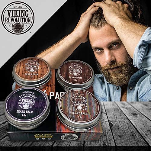 Viking Revolution Bálsamo para Barba Paquete de 4 (1 oz cada uno) - Sándalo, Pino y Cedro, Bay Rum, Salvia-, Fortalece y suaviza barba y bigote - Acondicionador sin enjuague, Cera para barba y bigote