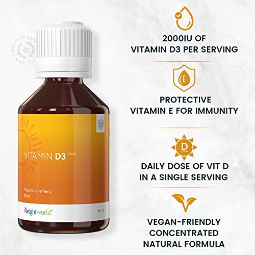 Vitamina D3 Gotas 2000 IU 50ml - Enriquecido con Vitamina E, Favorece Absorción de Calcio, Hecho en España Fortalece los Huesos, Sistema Inmunitario, Circulación y Sueño, Suplemento Vegano Líquido