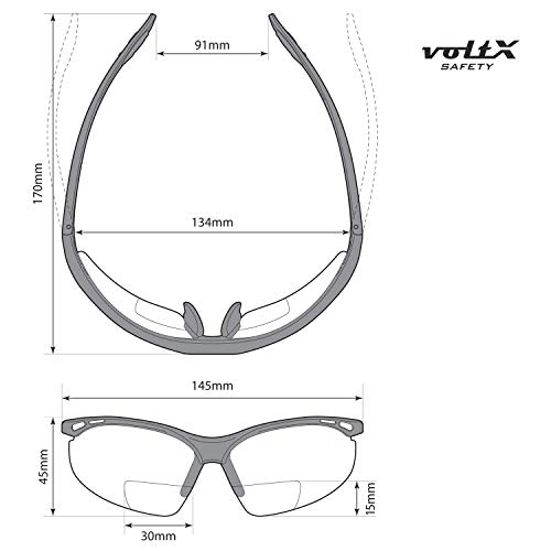 voltX 'CONSTRUCTOR' (AHUMADO/GRIS dioptría +2.5) Gafas de Seguridad de Lectura BIFOCALES que cumplen con la certificación CE EN166F / Gafas para Ciclismo incluye cuerda de seguridad + estuche de seguridad rígido con bisagras - Reading Safety Glasses