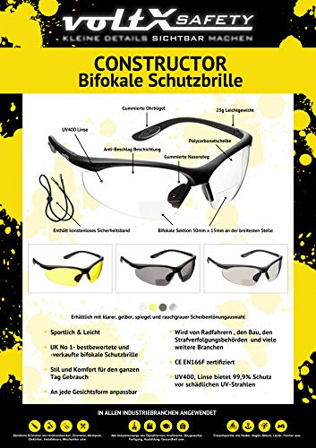 voltX 'CONSTRUCTOR' (AHUMADO/GRIS dioptría +2.5) Gafas de Seguridad de Lectura BIFOCALES que cumplen con la certificación CE EN166F / Gafas para Ciclismo incluye cuerda de seguridad + estuche de seguridad rígido con bisagras - Reading Safety Glasses