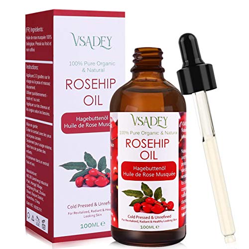 VSADEY Aceite de Rosa Mosqueta Orgánico 100ml, Aceite 100% Puro y Natural Prensado en Frío con Ácidos Grasos Insaturados, Vitamina C Antienvejecimiento Eliminar Cicatrices Revitaliza la Piel, Cabello