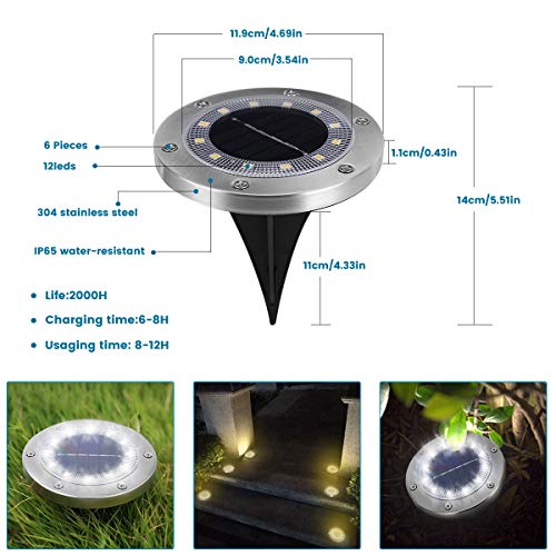 WOWDSGN 12 LED IP65 Luz de suelo solar impermeable al aire libre para decoración de jardín, patio, césped, estanque y terraza. (Blanco, 8 paquetes)