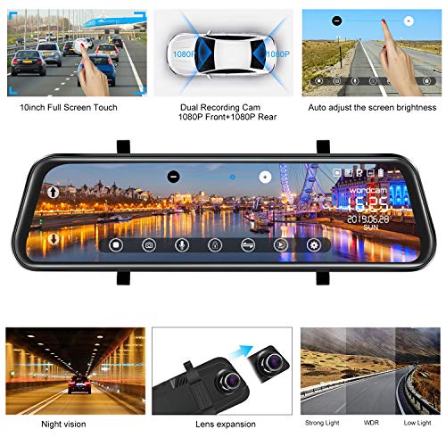 10"Mirror Dash CAM Pantalla táctil Cámara de Respaldo 170 ° 1080P Delantera y 150 ° 1080P Cámara de visión Trasera Doble Lente Visión Nocturna Monitor de estacionamiento + Tarjeta SD de 32 GB