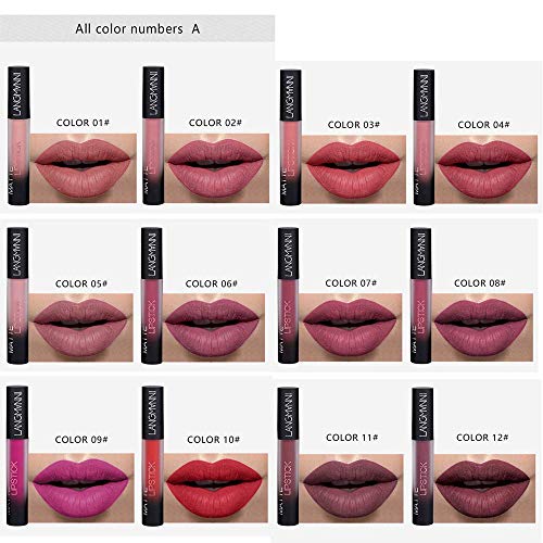 12 unids/set mate líquido lápiz labial conjunto, a prueba de agua nutritivo terciopelo líquido de larga duración brillo labial rojo tinte desnudo batom maquillaje conjunto (A)