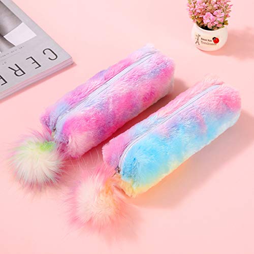 2 estuches para lápices de peluche, color rosa, suave, con bola de pompón, para niños, escuela, estudio, regalo