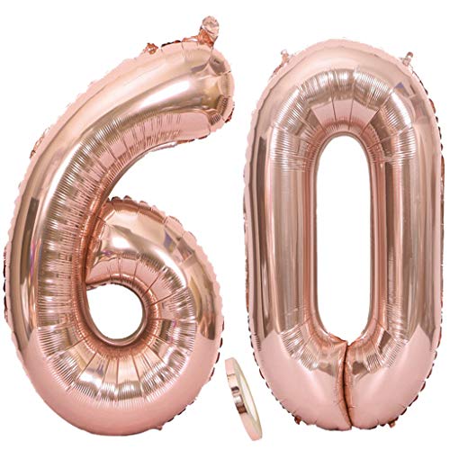 2 Globos Número 60 Oro Rosa, Ouceanwin Gigante Foil Globos Numeros 60 Grande Globo de Papel de Alumini, 40" Globo Inflable Helio para Decoraciones de Fiesta de Cumpleaños 60 Años Señoras (100cm)