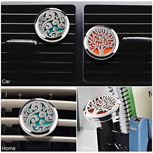 2 UNIDS Coche Aromaterapia Aceites Esenciales Difusor Ambientador 30mm Acero Inoxidable Negro Locket Vent Clip + 32 unids Almohadillas de Recarga (Árbol de la Vida y Nube (Plata))