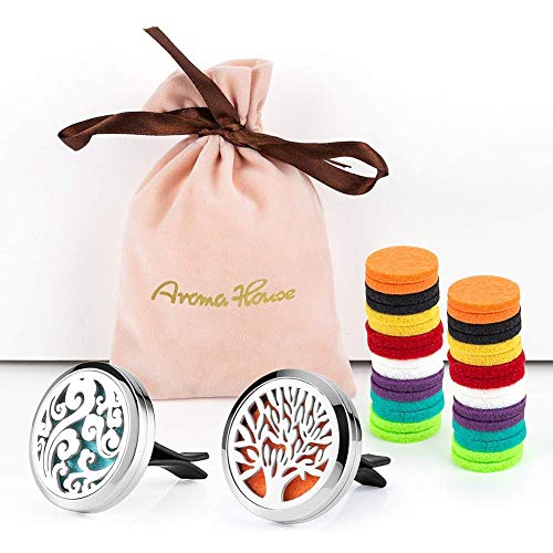 2 UNIDS Coche Aromaterapia Aceites Esenciales Difusor Ambientador 30mm Acero Inoxidable Negro Locket Vent Clip + 32 unids Almohadillas de Recarga (Árbol de la Vida y Nube (Plata))