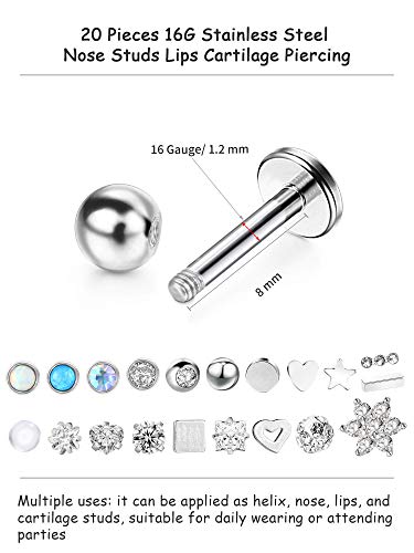 20 Piezas Perno de de Acero Inoxidable 16G Joyería de Piercing de Cartílago Labios para Mujeres Chicas (Plateado)