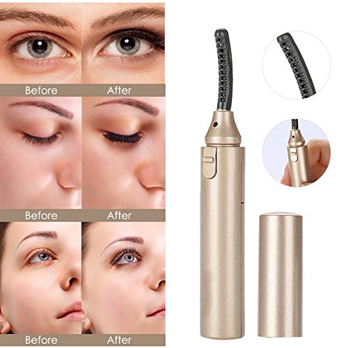 3 colores Rizador de Pestañas Eléctrico Climatizada, 360 ° Mini Pestañas Duradero Sin Dolor Electric Eyelash Shaper Tool, Profesional Herramienta de Maquillaje Cosmética con Peine(Dorado)