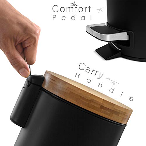 3l Cubo cosmético de diseño | Tapa de Madera de bambú con Sistema de Descenso automático | Cubo de Pedal con antihuellas Dactilares y Pedales de Confort | Negro