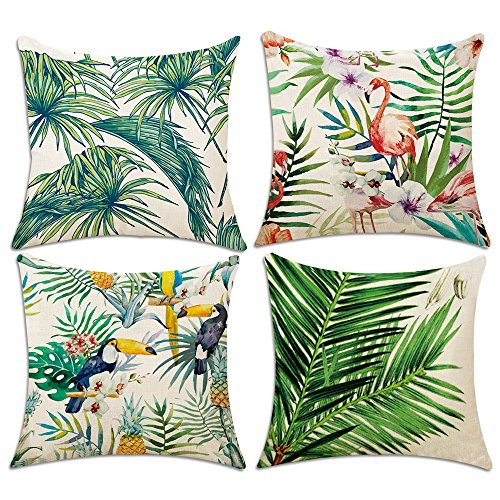 4 Pack Fundas de Cojín, Hotipine Algodón Lino Decorativa impreso Caso de Almohada para Sofá Coche Cama Sillas Decoración 45 x 45 cm (18 x 18") - Flamencos y Palm Leaf