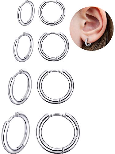 4 Pares Pendientes de Aro de Acero Inoxidable Anillos de Labios Nariz Pendientes Pequeños de Aro de Cartílago para Accesorios de Hombre y Mujer, 8 mm, 10 mm, 12 mm, 14 mm (Plata)