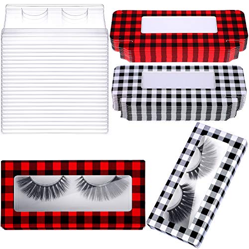 48 Piezas Set Caja Pestañas Postizas Vacía, 24 Cajas Embalaje Pestañas Soporte Pestañas Plástica Diseño Cuadros Búfalo Caja Almacenaje con 24 Bandejas Transparentes (Rojo y Negro, Blanco y Negro)